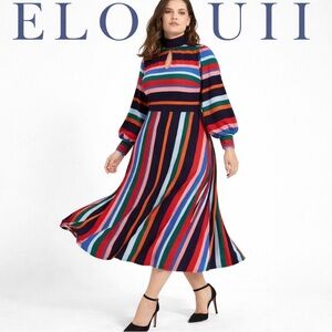28W Eloquii A-line Balloon Sleeve Striped Dress with Tie Neck
